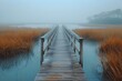 Tranquil Marshland Walkway Enveloped in Mist. Concept Nature Photography, Misty Landscapes, Serene Settings, Marshland Walkways, Tranquil Environments