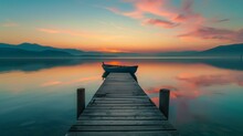 A Tranquil Lakeside Scene At Twilight, With A Wooden Pier Stretching Out Into The Still Waters, Reflecting The Vibrant Hues Of The Sunset Sky And A Lone Rowboat Moored At The Dock.3

