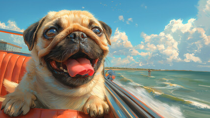 A pug is sitting in a car and looking out the window at the ocean