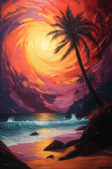 Wall Mural - A painting of a beach with a palm tree and a sunset