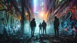Rival gangs, turf war, graffiticovered alleyways, dramatic confrontation, foggy night, photography, silhouette lighting, double exposure, Panoramic view
