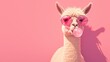 Cute llama in sunglasses blowing bubble gum on a pink background with copy space, a funny animal character portrait banner design