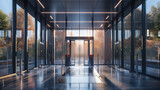 Fototapeta Uliczki - Step into the entrance hall of a contemporary corporate edifice, where sleek security gates greet visitors, offering views through floor-to-ceiling windows of autumn trees.