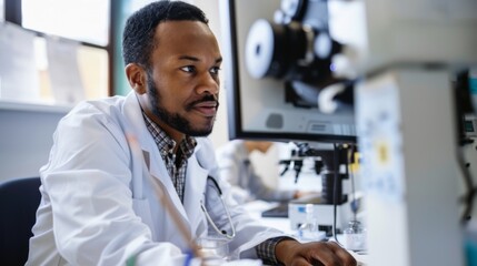 Poster - Scientist in Lab Coat Sitting at Desk