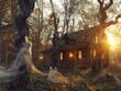 Spooky Woods, Wisps of Ghostly Vapors, Twisted trees clutching spectral forms, abandoned cabin with a flickering lantern, Realistic, Golden hour, Lens Flare, Handheld shot view