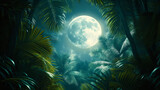 Fototapeta Konie - A large moon is shining through the trees in a jungle