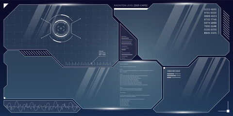 Fototapete - VR HUD futuristic control panel set. Technology head up display target and UI screen. GUI Digital virtual reality interface cyberpunk hi tech visor design. FUI Sci Fi spaceship cockpit dashboard. Eps
