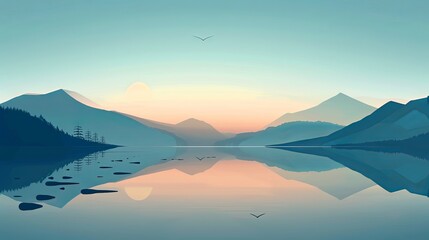 Wall Mural - Minimalist  illustration of a tranquil lake scene at dawn