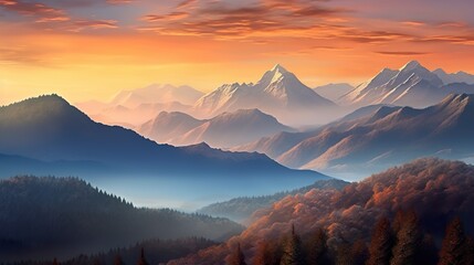 Wall Mural - A stunning mountain range illuminated by the warm colors of a breathtaking sunset, Super Realistic illustration