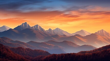 Wall Mural - A stunning mountain range illuminated by the warm colors of a breathtaking sunset, Super Realistic illustration