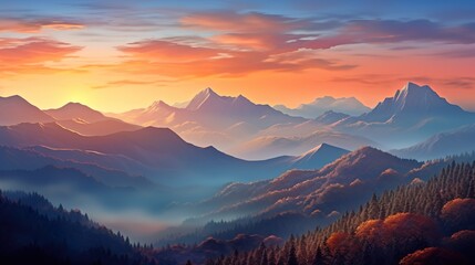 Wall Mural - A stunning mountain range illuminated by the warm colors of a breathtaking sunset, Super Realistic illustration