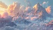 Surreal 3D landscape with towering mountains and swirling clouds
