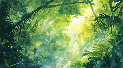 Wall Mural - Watercolor illustration of a lush rainforest canopy