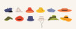 Summer hats. Trendy stylish women men headwear, simple flat garment elements straw hat, vintage hat, cap, panama, modern headdress. Vector cartoon set