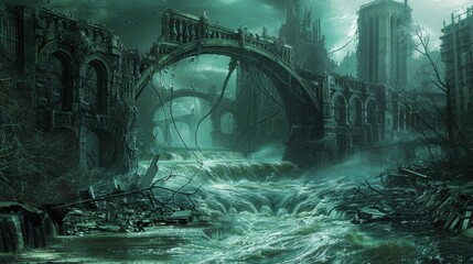 Wall Mural - Devastated metropolis with collapsed bridges and flooded streets