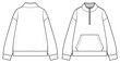 1/4 zip pullover Technical fashion illustration. Quarter-zip pullover vector template illustration. front and back view. stand collar. zip placket, drop shoulder. kangaroo pocket. CAD mockup.