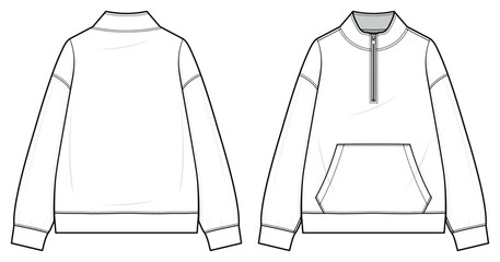Wall Mural - 1/4 zip pullover Technical fashion illustration. Quarter-zip pullover vector template illustration. front and back view. stand collar. zip placket, drop shoulder. kangaroo pocket. CAD mockup.