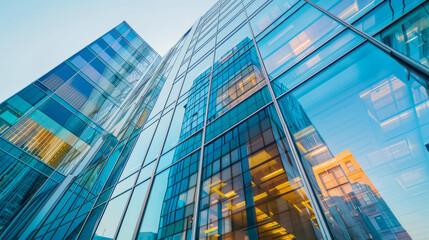 Modern office skyscraper with glass facade, reflecting the bustling city around it, lively urban atmosphere