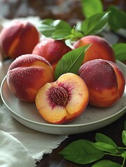 Wall Mural - A beautiful still life of peaches on a plate.