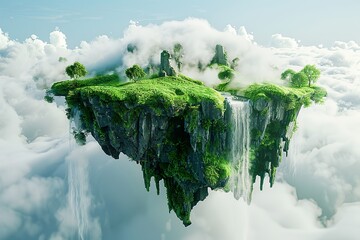 Wall Mural - Flying land with beautiful landscape, green grass and waterfalls mountains fantasy illustration