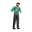 3D character using mobile phone. Young man character standing, looking at smartphone, texting message, scrolling online