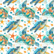 Under water sea seamless pattern with sea turtles, starfishes and fishes.
