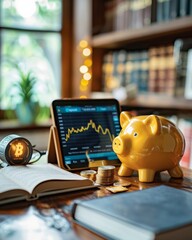 Digital Finance Concept with Piggy Bank and Cryptocurrency in Home Office