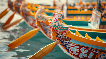 A row of colorful boats with a dragon on the front