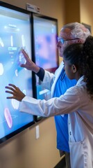 Poster - Senior Male Doctor and Young Female African American Nurse Analyzing Data on a Digital Screen in Hospital