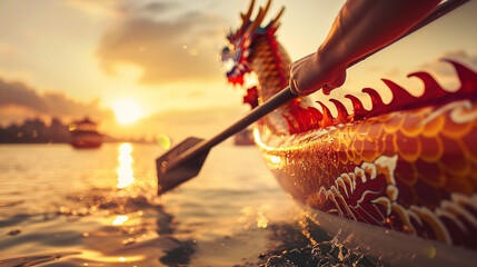 A person is paddling a boat with a dragon on it
