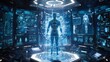 Futuristic Medical Examination Room with Interactive Holographic Display and Male Figure