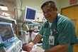 Smiling Male Nurse in Scrubs Checking Newborn Baby in Hospital Room