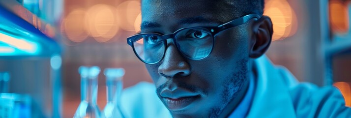 Poster - Young African Male Scientist Concentrating in Laboratory Environment at Night