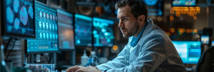 Aufkleber - Young Male Scientist Working Late in a High-Tech Research Laboratory