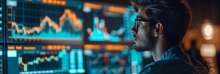 Poster - Young Male Analyst Engaged in Financial Market Monitoring at Night in Modern Office