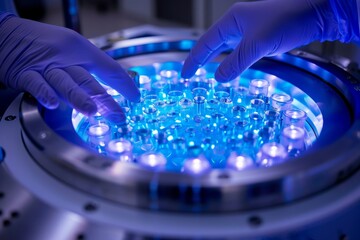 Aufkleber - Scientist Examining Samples in High-Tech Laboratory Equipment Under Blue Light