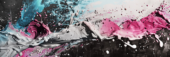 Wall Mural - Vibrant splash of blue, pink, and gray paint against black background banner. Panoramic web header. Wide screen wallpaper