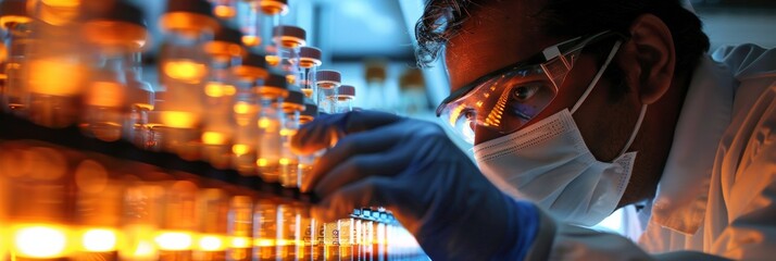 Aufkleber - Male Scientist in Lab Analyzing Specimens during a Late-Night Research Session