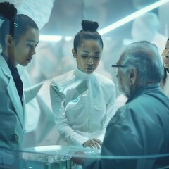 Poster - Diverse Medical Team Engaged in Discussion in Modern Hospital Setting