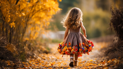 Wall Mural - little girl wearing a dress with autumn leaves joyfully walking in a forest scene