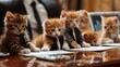 A group of kittens dressed in business attire diligently reviews documents, humorously illustrating a corporate meeting.
