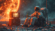 Astronaut in a space suit sits on the planet drinking beer and watching TV against the backdrop of a red burning planet