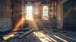 Sunlight piercing the shadows of an abandoned house's destroyed room, beams exposed