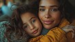 Mom hugs her daughter, dark-skinned African-American woman close-up portrait. Concept for mother's day, birth, family, motherhood, banner, copy space, March 8, holiday.