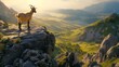 Golden Hour Glow: Goat on a Mountain Rock with Lush Valley Below - This Image Captures the Warmth of the Golden Hour as a Goat Stands Elegantly on a Mountain Rock, Overlooking a Lush Green Valley.