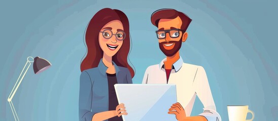 Poster - Man and woman standing side by side, both looking at a laptop screen