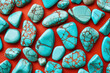 Beautiful turquoise stones on vibrant red background for luxury jewelry and fashion design concept