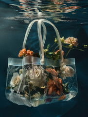 Wall Mural - A transparent luxury bag filled with flowers floats underwater. Minimal spring concept.