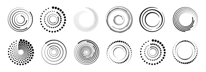 Wall Mural - Halftone circular dotted frames set. Set of black thick halftone dotted speed lines. Speed lines in circle form. Geometric art. Vector