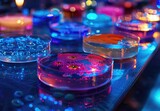 Fototapeta  - A vibrant display of bacterial growth within petri dishes, glowing under laboratory conditions, showcasing a variety of hues and shapes.
